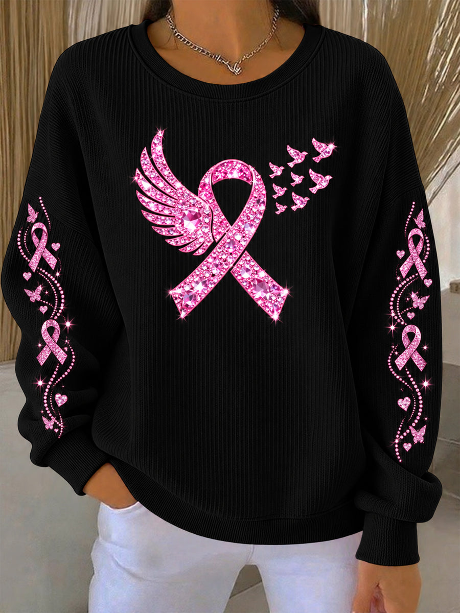 Sweat-shirt décontracté à imprimé rose sur le thème du cancer du sein chez la femme