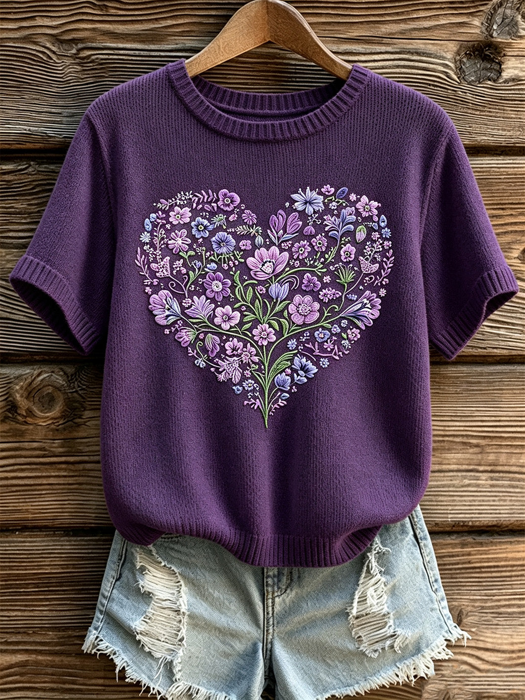 Pull femme manches courtes imprimé fleurs violettes