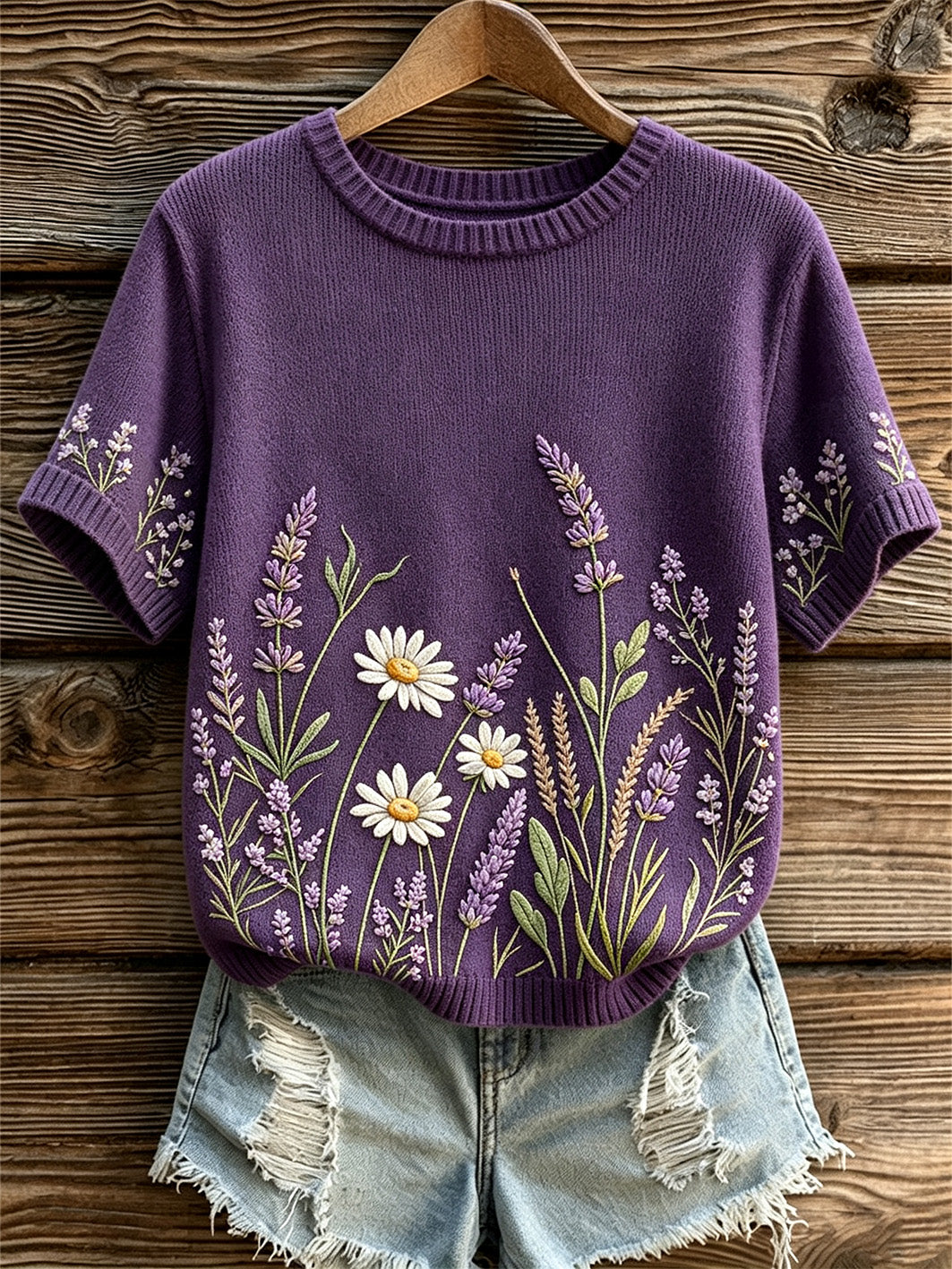 Pull décontracté à manches courtes pour femme, imprimé de fleurs violettes