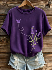 Pull décontracté à manches courtes pour femme, imprimé de fleurs violettes
