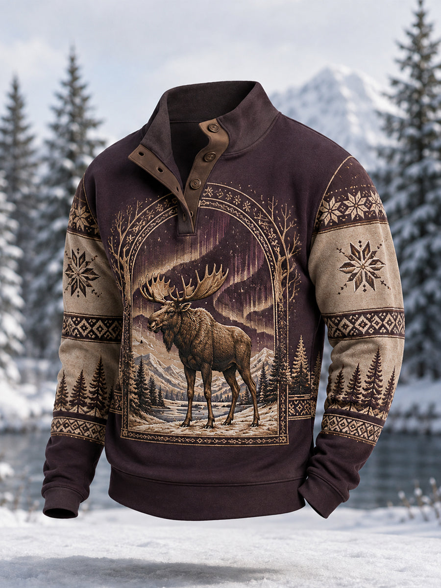 Pull décontracté à boutons pour homme, motif orignal, collection hiver