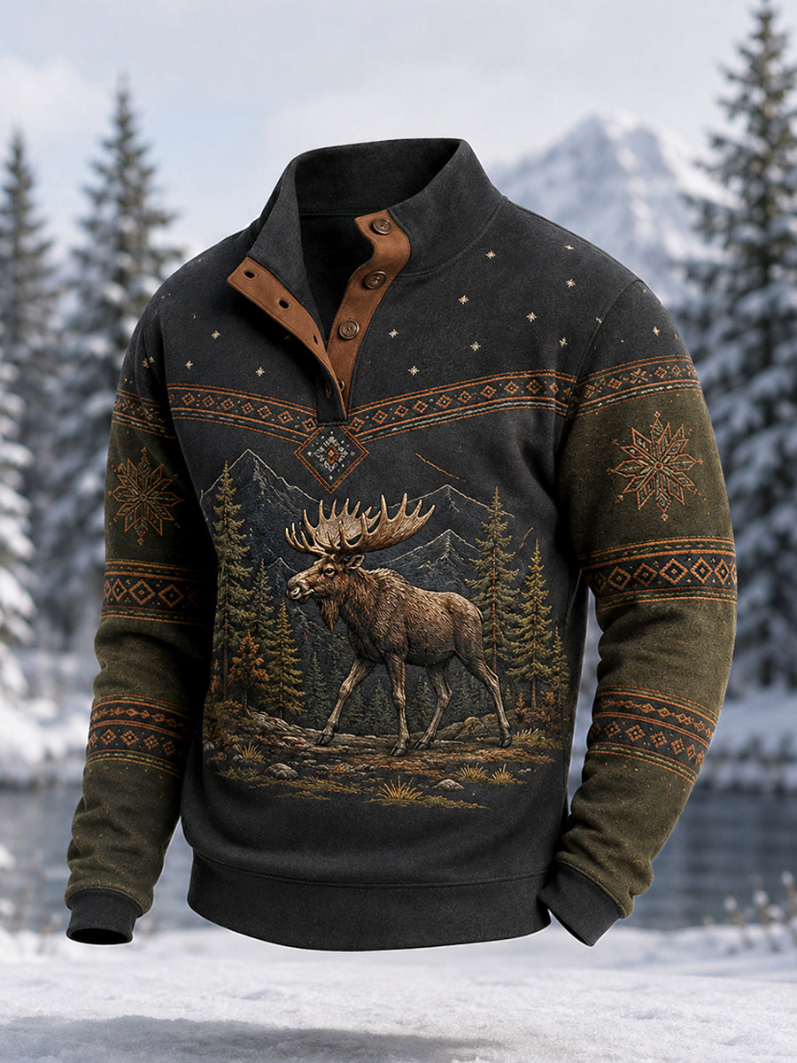 Pull décontracté à boutons pour homme, motif orignal, collection hiver