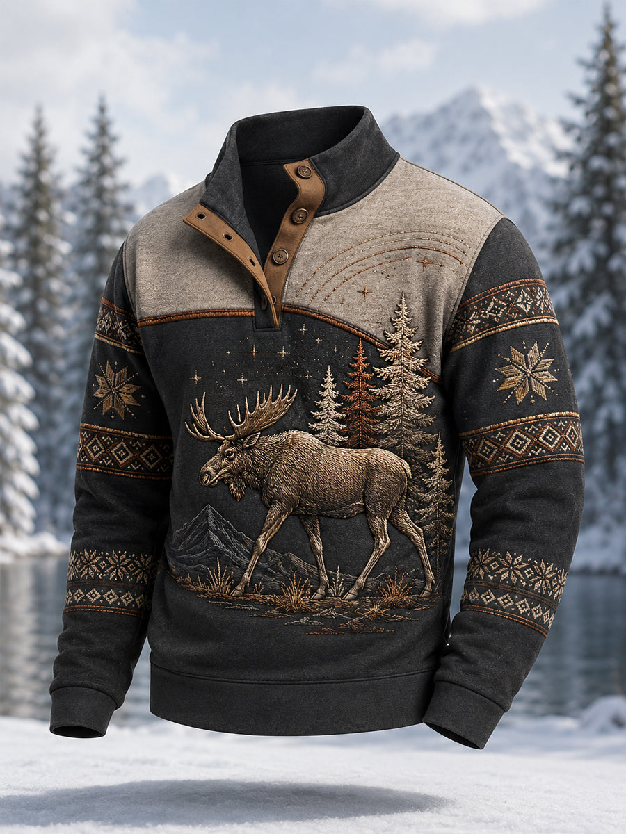 Pull décontracté à boutons pour homme, motif orignal, collection hiver