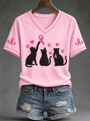 T-shirt à col en V imprimé de soutien à la sensibilisation au cancer du sein chez les femmes