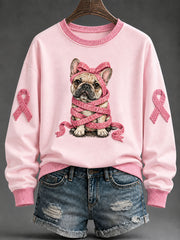 Sweat-shirt décontracté coupe classique pour femme, imprimé bouledogue français avec ruban rose