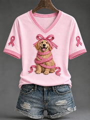 T-shirt décontracté pour femme à imprimé Golden Retriever et ruban rose