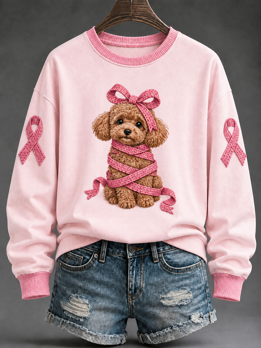 Sweat-shirt décontracté coupe classique pour femme, imprimé caniche et ruban rose