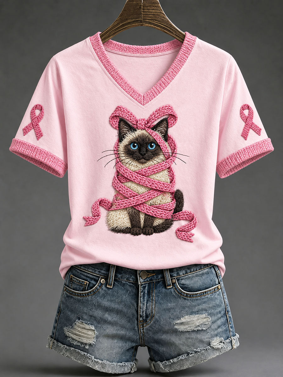 T-shirt décontracté pour femme à imprimé ruban rose et chat siamois