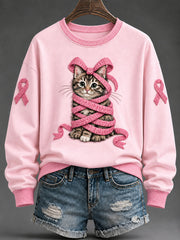 Sweat-shirt décontracté pour femme, imprimé chat tabby avec ruban rose, coupe classique