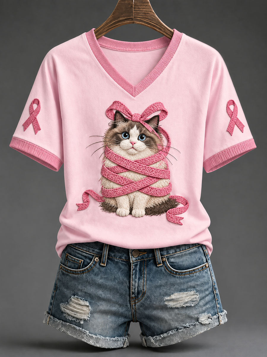 T-shirt décontracté pour femme à imprimé chat Ragdoll et ruban rose