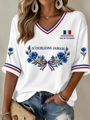 T-shirt femme imprimé N'OUBLIONS JAMAIS à manches mi-longues et col en V