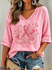 T-shirt femme à manches mi-longues et col en V, pour le cancer du sein