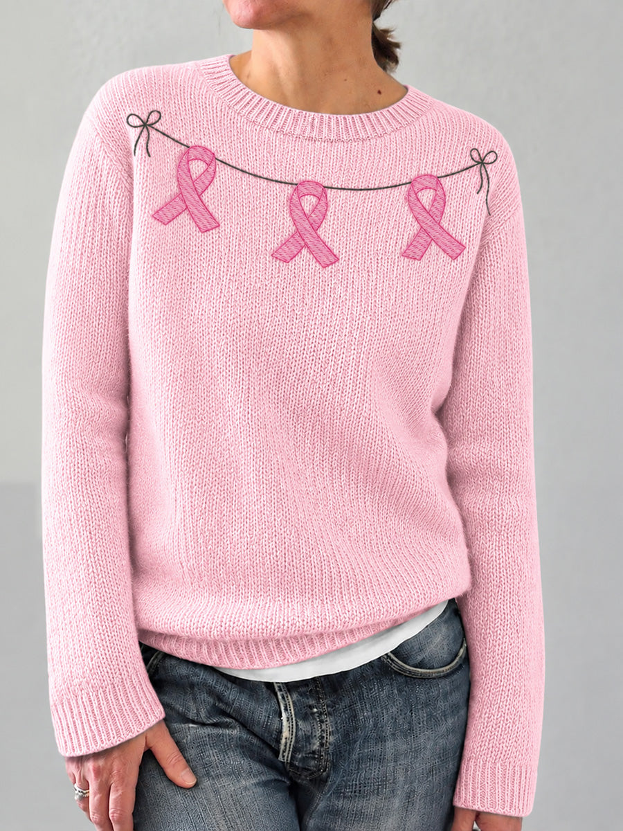 Pull confortable élégant pour femme à imprimé ruban rose
