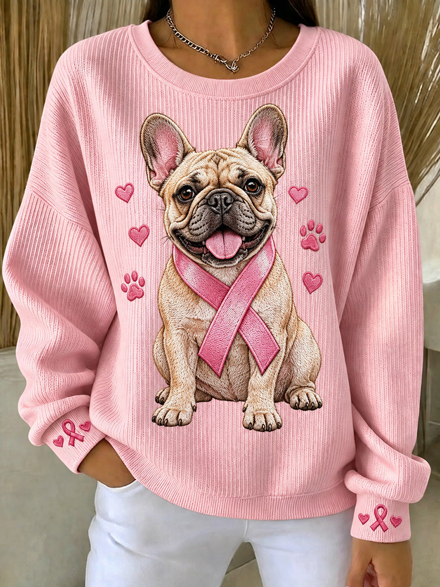 Sweat-shirt à col rond pour femme, imprimé bouledogue français avec ruban rose