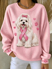 Sweat-shirt à col rond pour femme avec imprimé chien maltais et ruban rose