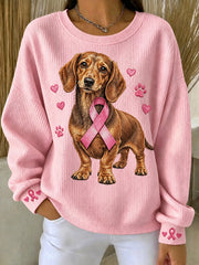Sweat-shirt à col rond pour femme, motif dachshund avec ruban rose