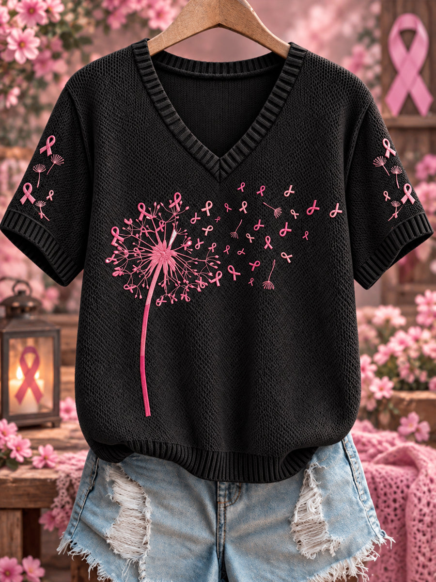 Pull en maille confortable à col en V rose pour le cancer du sein chez la femme