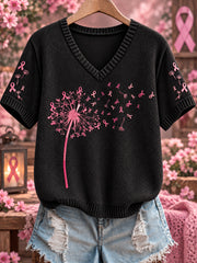 Pull en maille confortable à col en V rose pour le cancer du sein chez la femme