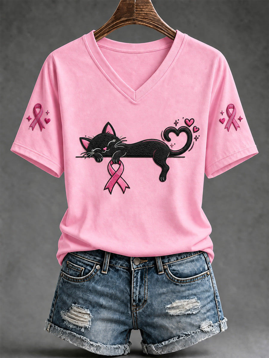 T-shirt à col en V imprimé Soutien de sensibilisation au cancer du sein pour femmes