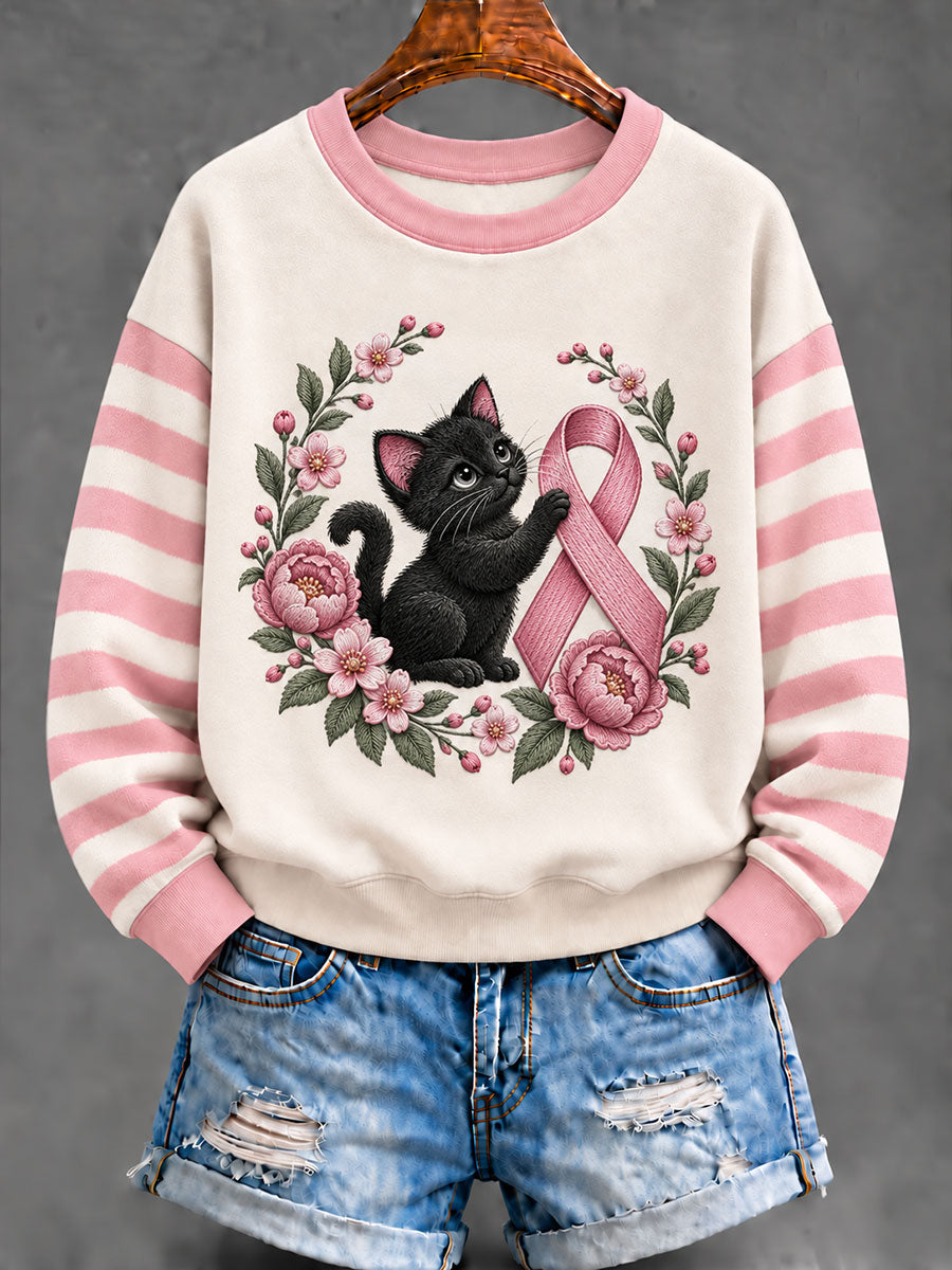 Sweat-shirt classique pour femme à ruban rose et motif chat noir