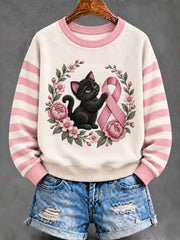Sweat-shirt classique pour femme à ruban rose et motif chat noir