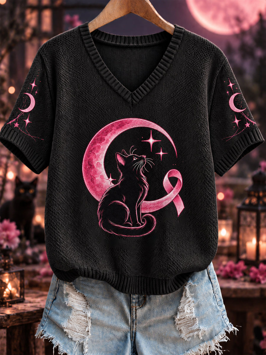 Pull Femme Rose Col V Confortable En Tricot Cancer Du Sein