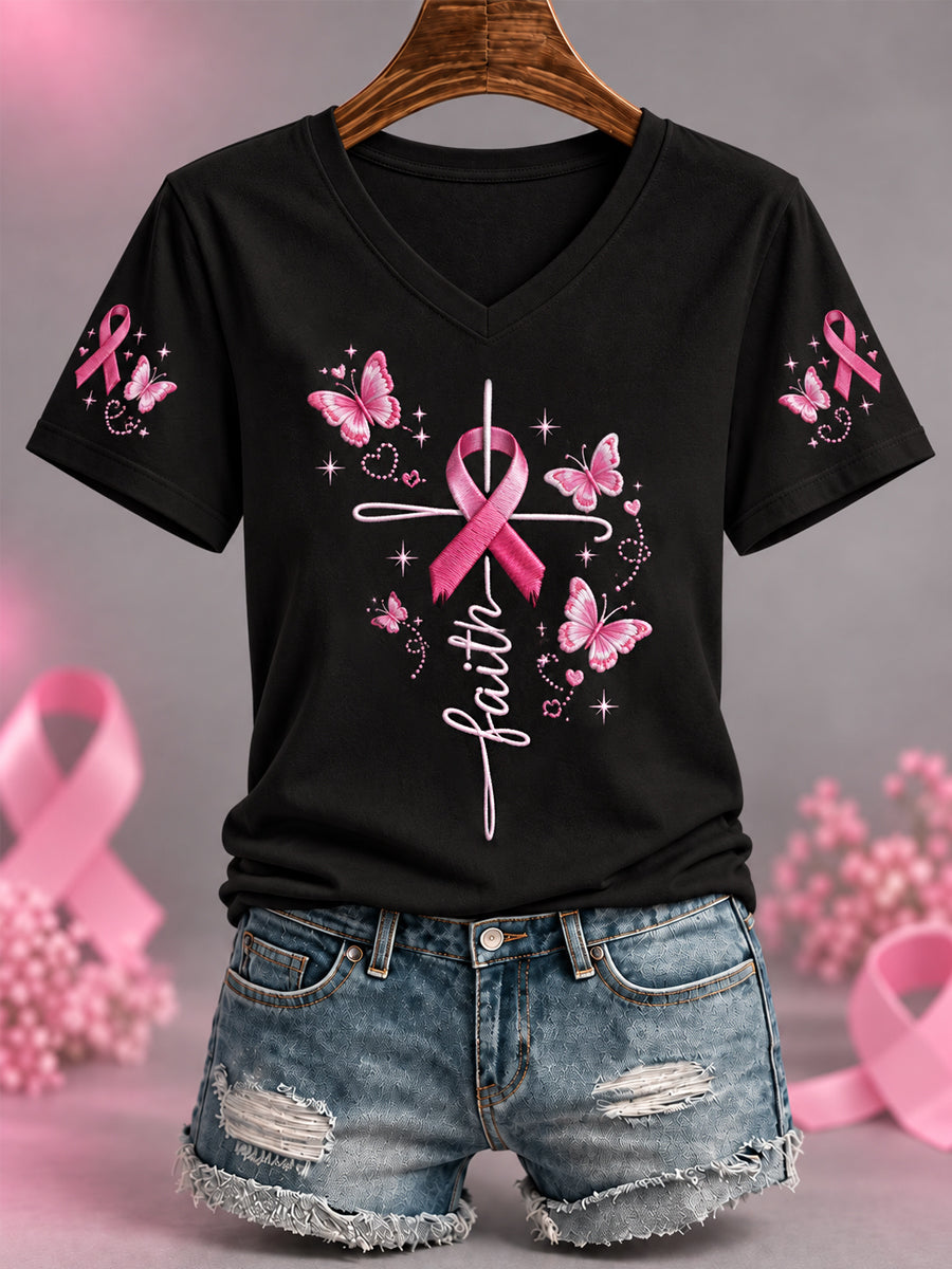 Femmes Rose Ruban Papillon Croix Foi Imprimer Sensibilisation au Cancer Du Sein Soutien V-Neck Tee
