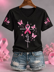 Femmes Rose Ruban Papillon Croix Foi Imprimer Sensibilisation au Cancer Du Sein Soutien V-Neck Tee