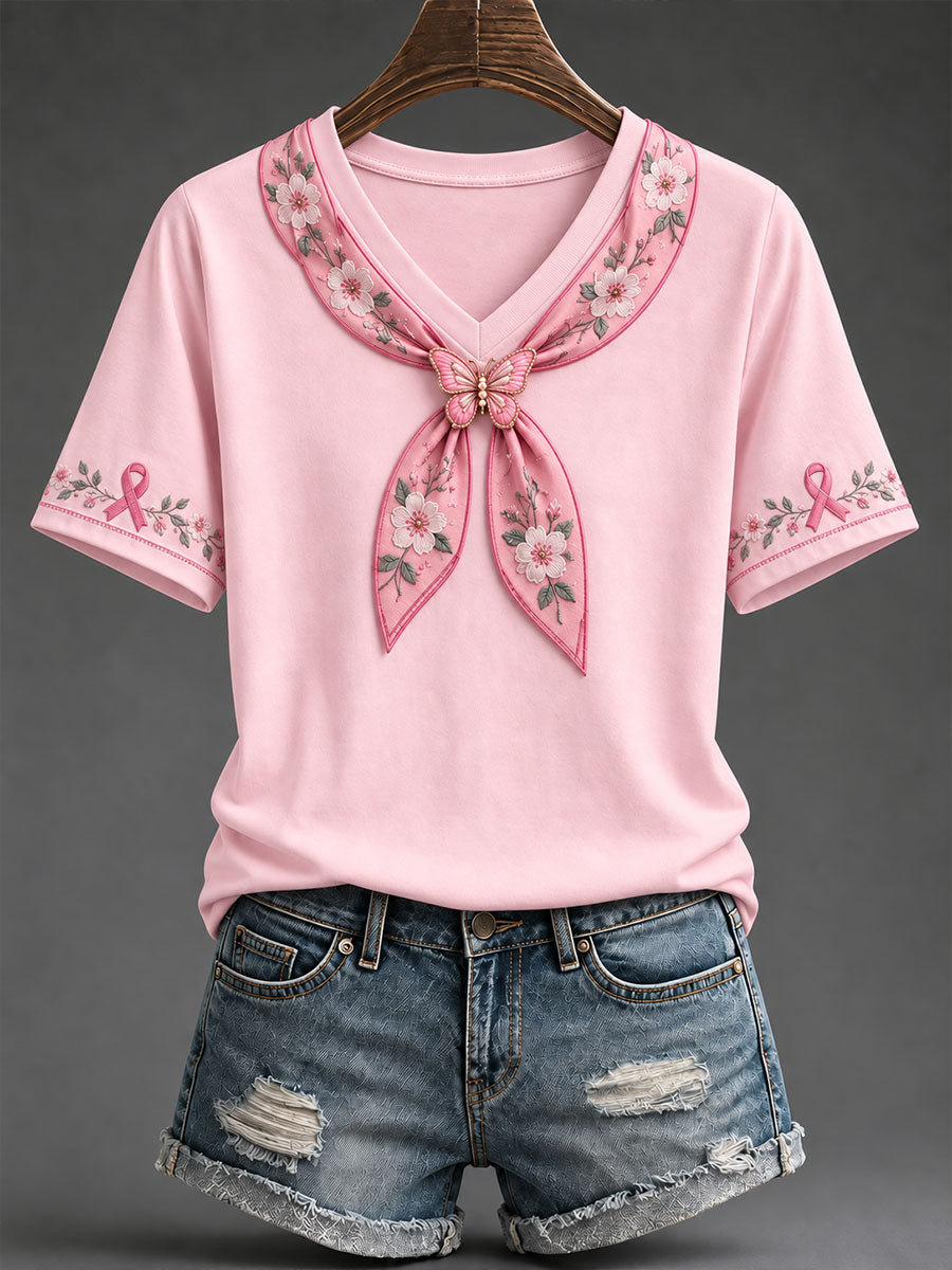 T-shirt pour femme avec impression artistique florale et ruban rose
