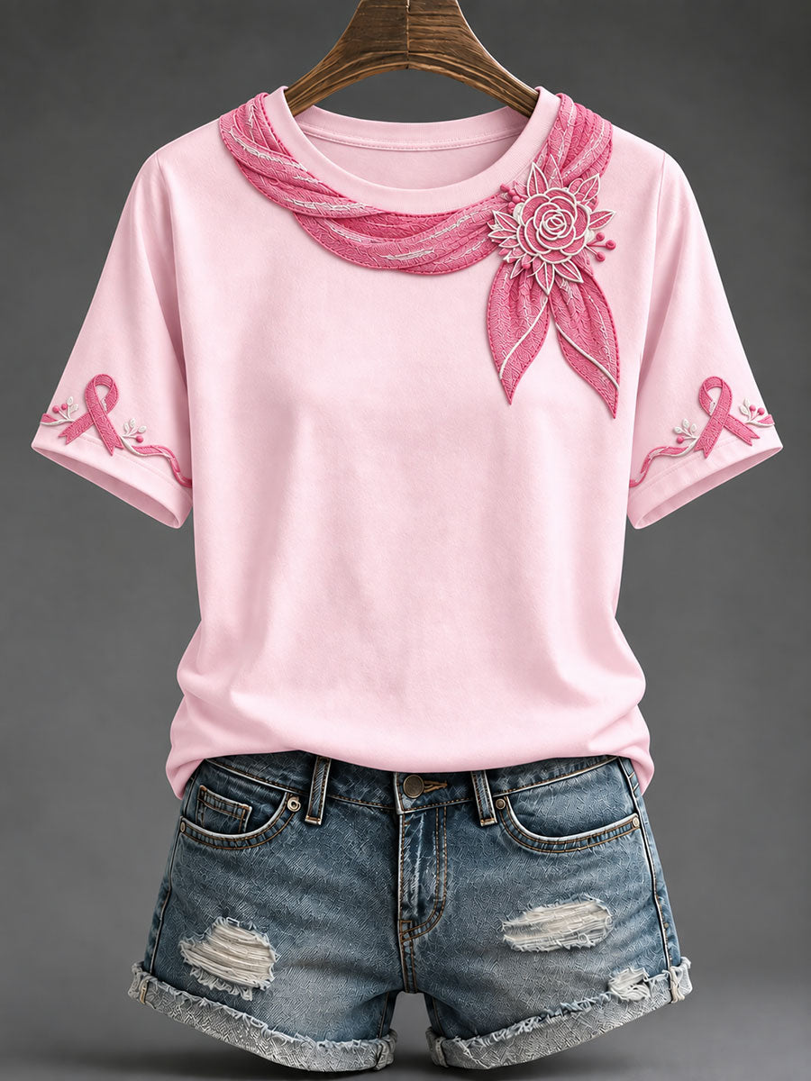 T-shirt pour femme avec impression artistique florale et ruban rose
