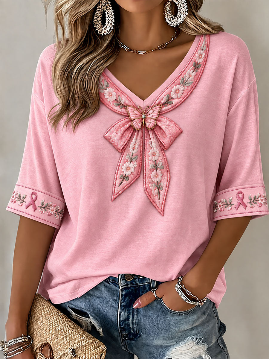 T-shirt pour femme avec impression artistique florale et ruban rose