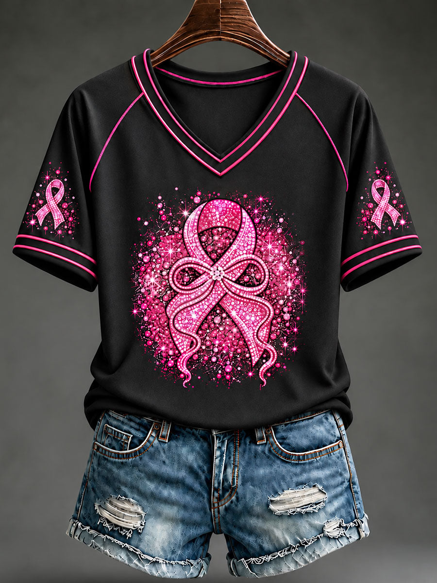 T-shirt à manches courtes avec ruban rose pour le cancer du sein chez la femme