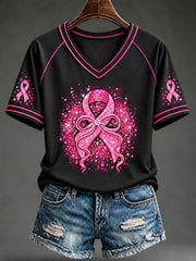 T-shirt à manches courtes avec ruban rose pour le cancer du sein chez la femme
