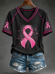 T-shirt à manches courtes avec ruban rose pour le cancer du sein chez la femme
