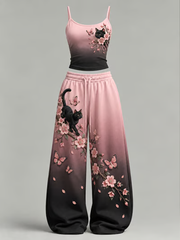 Ensemble pour femme à imprimé chat et fleurs noir et rose
