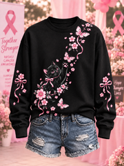 Sweat-shirt classique pour femme, imprimé motifs chats et fleurs noir et rose