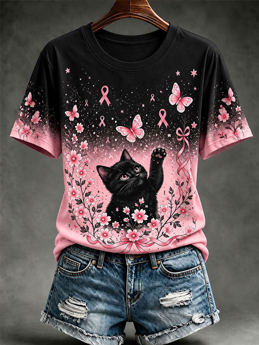 T-shirt décontracté à imprimé chat pour la sensibilisation au cancer du sein chez les femmes