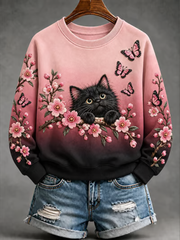 Sweat-shirt classique pour femme, imprimé motifs chats et fleurs noir et rose