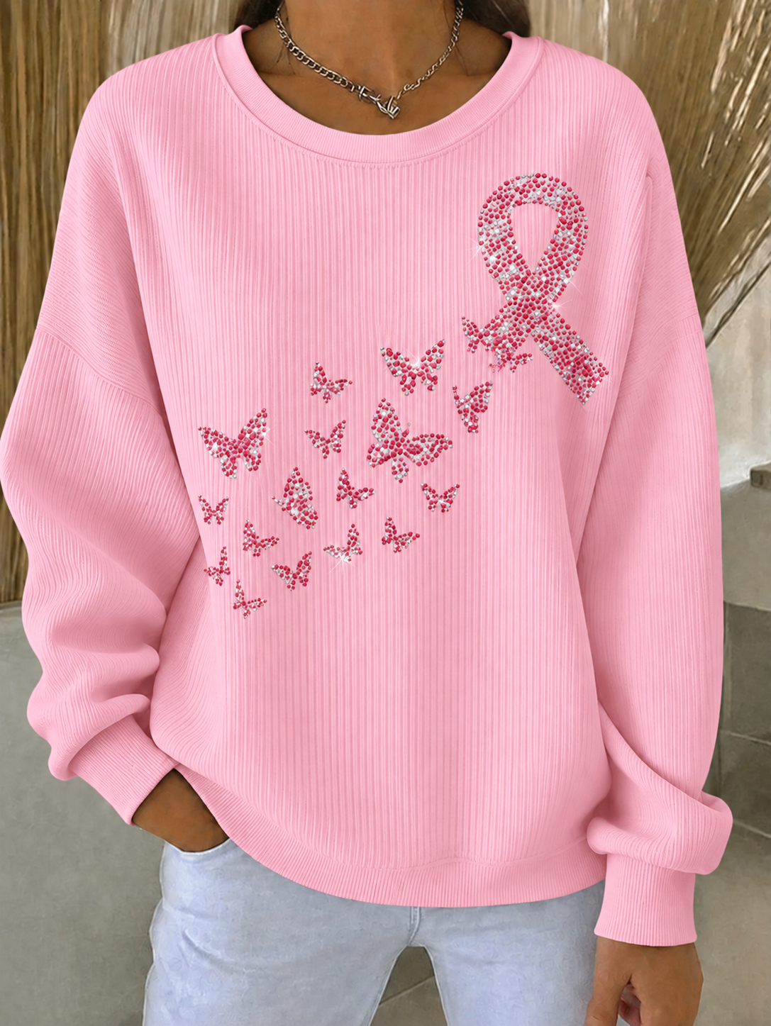 Sweat-shirt à col rond côtelé pour femmes, motif cancer du sein