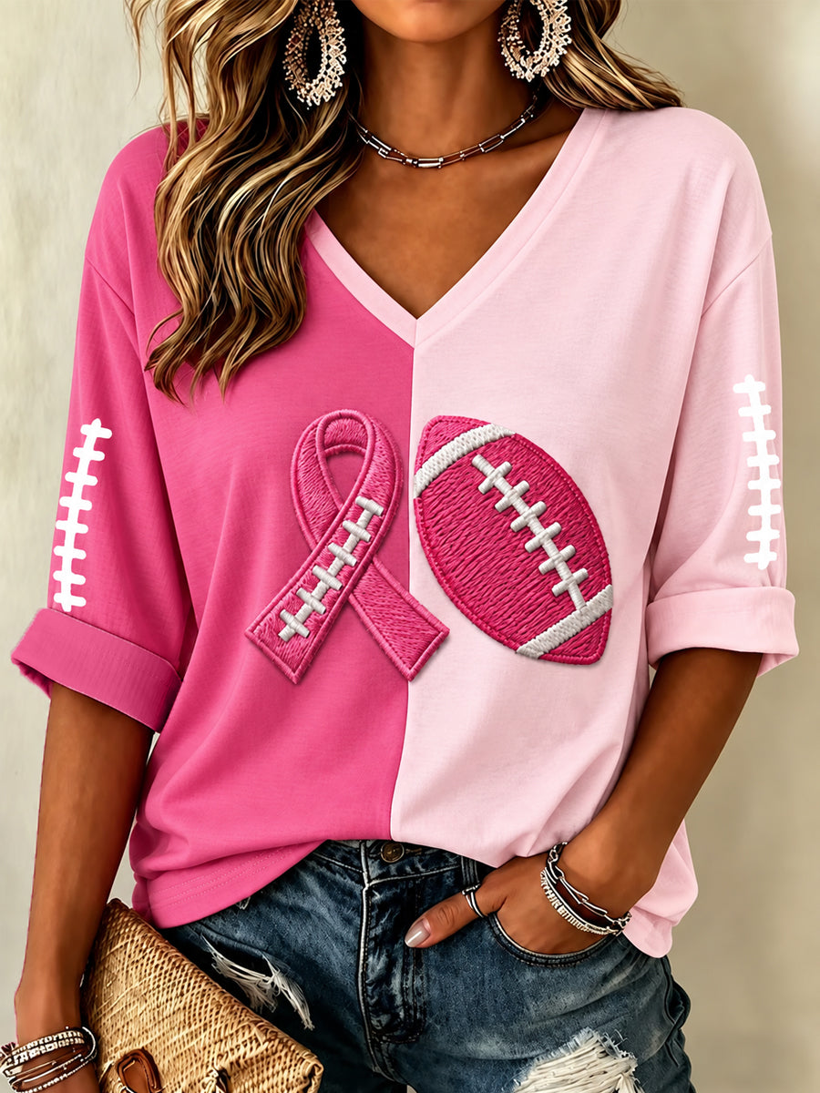 Femmes de s'attaquer au cancer du sein ruban rose et Football Imprimer Soutien de la sensibilisation au cancer du sein demi-manches V-Neck T-Shirt