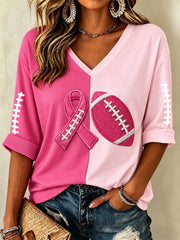 Femmes de s'attaquer au cancer du sein ruban rose et Football Imprimer Soutien de la sensibilisation au cancer du sein demi-manches V-Neck T-Shirt