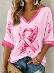 T-shirt à manches mi-longues et col en V, ruban rose de sensibilisation au cancer du sein chez la femme