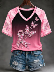 T-shirt à col en V imprimé papillon Sensibilisation au cancer du sein pour femmes