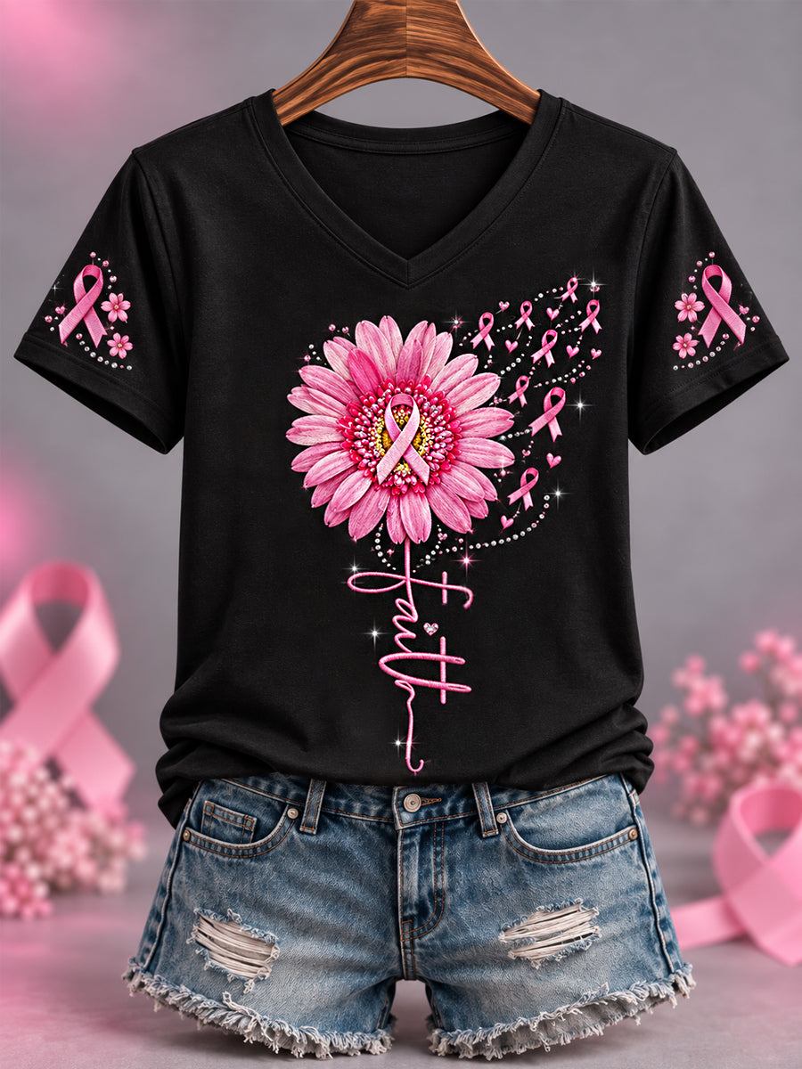 T-shirt à col en V pour femmes, imprimé tournesol et ruban rose, en soutien à la sensibilisation au cancer du sein