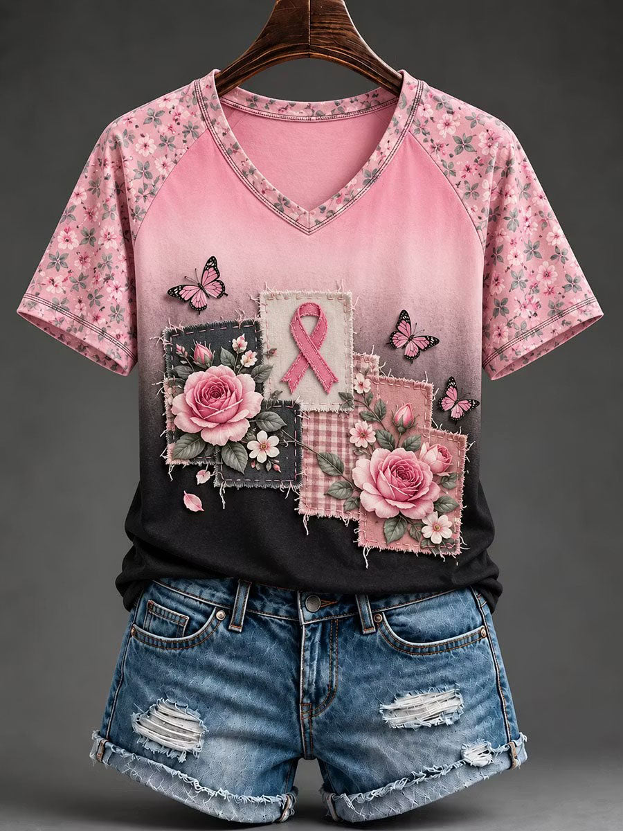 T-shirt col V imprimé sensibilisation au cancer du sein pour femmes