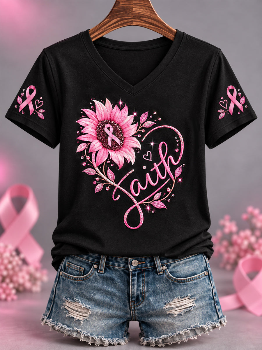 T-shirt à col en V pour femmes, imprimé tournesol et ruban rose, en soutien à la sensibilisation au cancer du sein