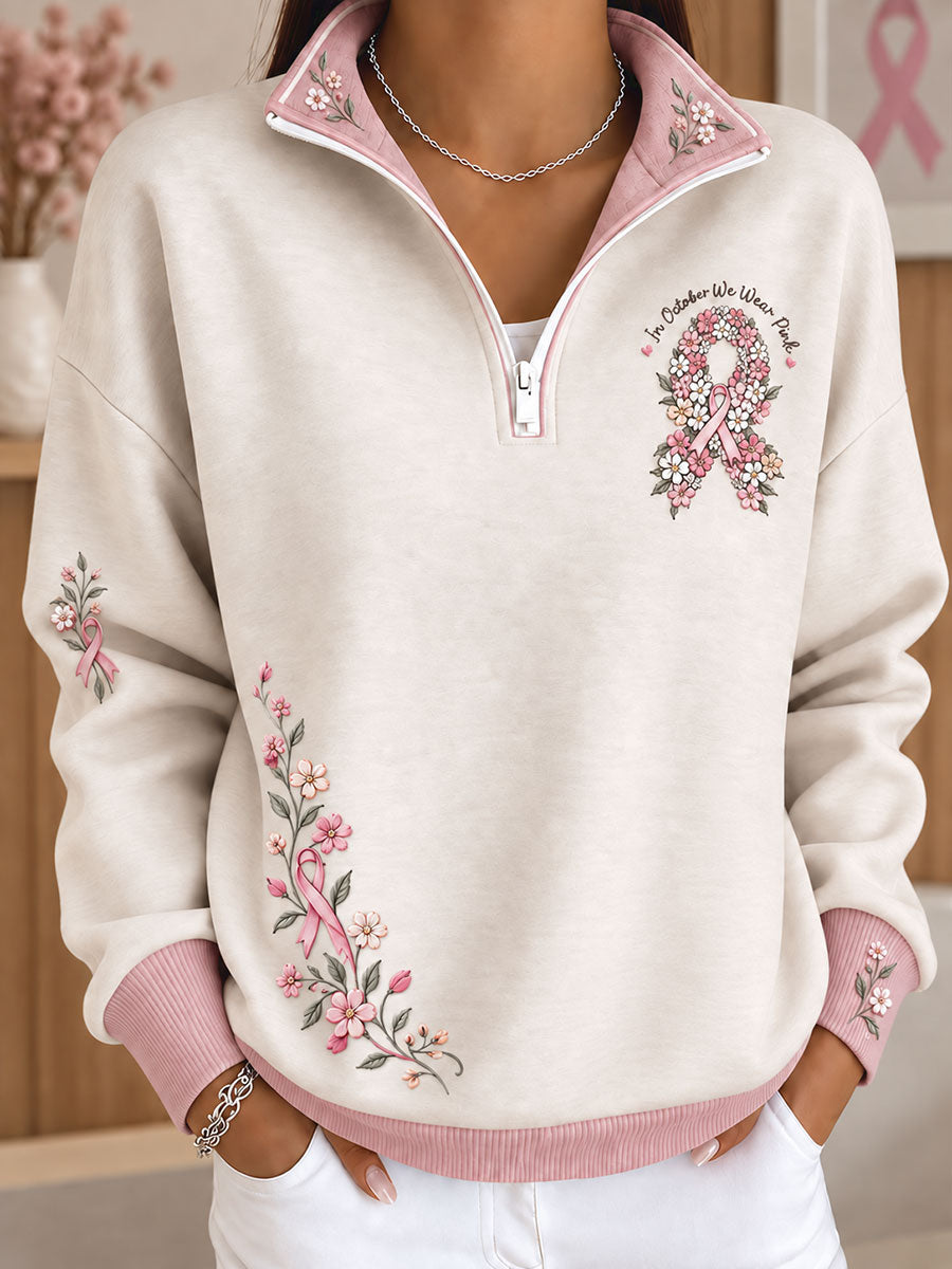 Women's Breast Cancer Awareness Floral Art Imprimé Sweatshirt