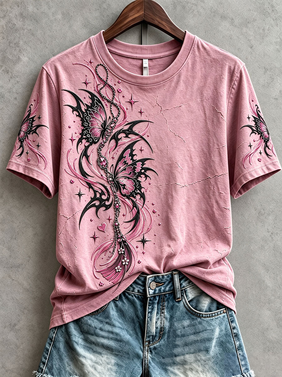 T-shirt papillon de sensibilisation au cancer du sein de style gothique pour femmes