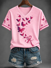 T-shirt rose imprimé à col en V pour le cancer du sein chez la femme