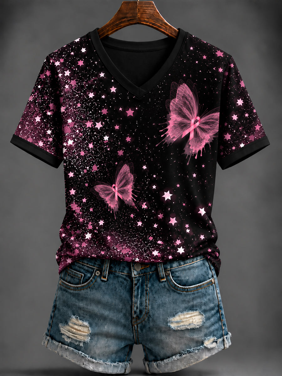 T-shirt rose imprimé à col en V pour le cancer du sein chez la femme